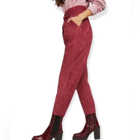 FREE PEOPLE 8 Nightfall Vegan Suede Pants Pomegranate High Waisted Paper Bag Vtg - Picture 3 of 16